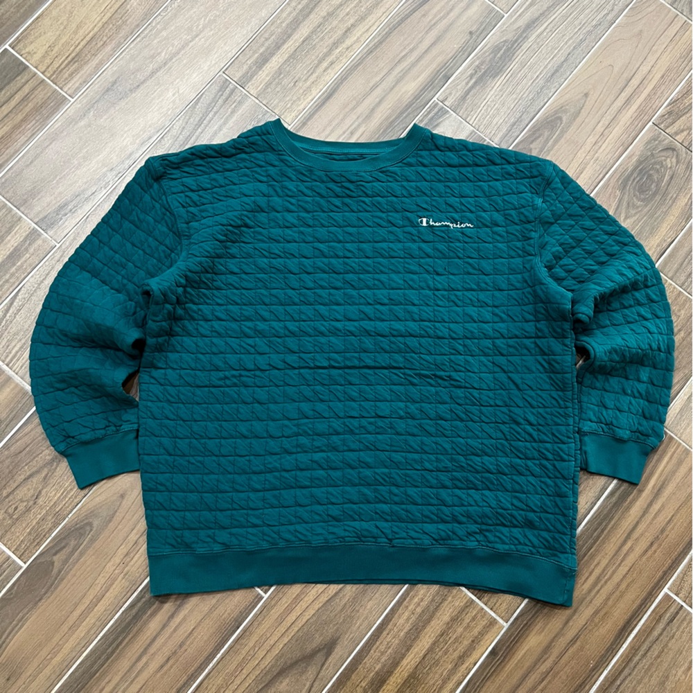 Vintage Champion Men’s Big And Tall Crew Neck Green Quilted Pullover Sweatshirt